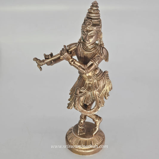 Krishna Panchaloha Side View - Flute & Peacock Feather - Authentic Five-Metal Alloy 700g