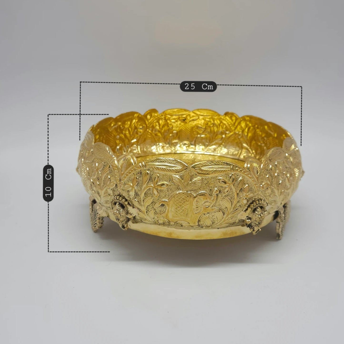 Kumbakonam Brass Elephant Peacock Urli Bowl 25cm Diameter 10cm Height Gaja Floral Vine Engraving Peacock Leg Feet Scalloped Rim Sri Swaminathan