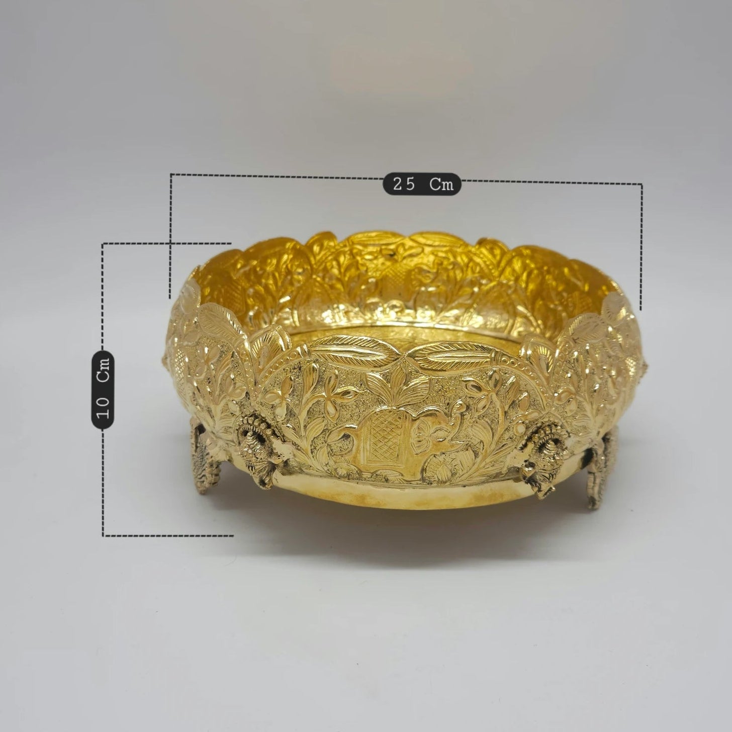 Kumbakonam Brass Elephant Peacock Urli Bowl 25cm Diameter 10cm Height Gaja Floral Vine Engraving Peacock Leg Feet Scalloped Rim Sri Swaminathan