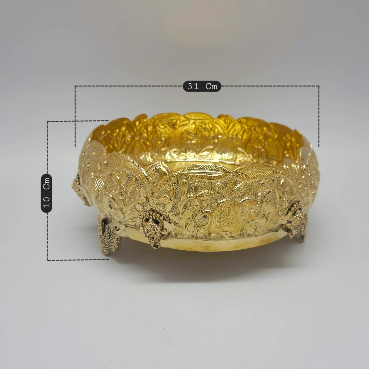 Kumbakonam Brass Elephant Peacock Urli Bowl 31cm Diameter 10cm Height Gaja Floral Vine Engraving Peacock Leg Feet Scalloped Rim Sri Swaminathan