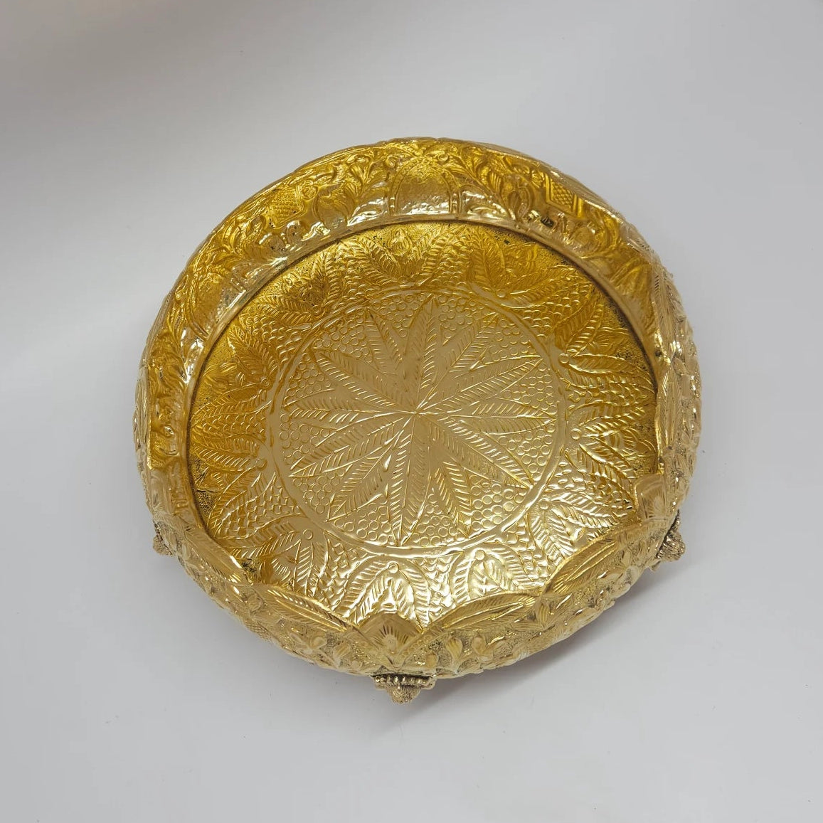 Kumbakonam Brass Elephant Peacock Urli Bowl Top Down Interior 8 Point Star Leaf Mandala Floral Vine Rim Peacock Feet Below