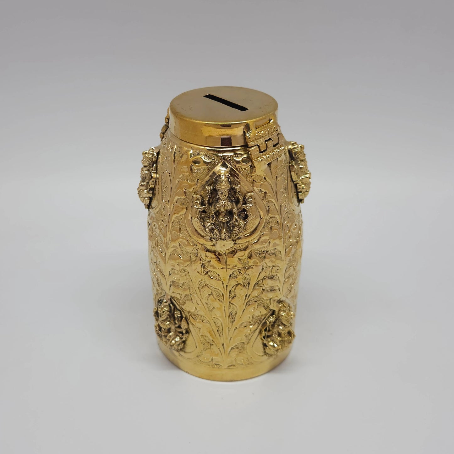 Kumbakonam Brass Hundial Premium Floral Urn Angled Lid Open Coin Slot Mahalakshmi Teardrop Panel Lakshmi Medallions