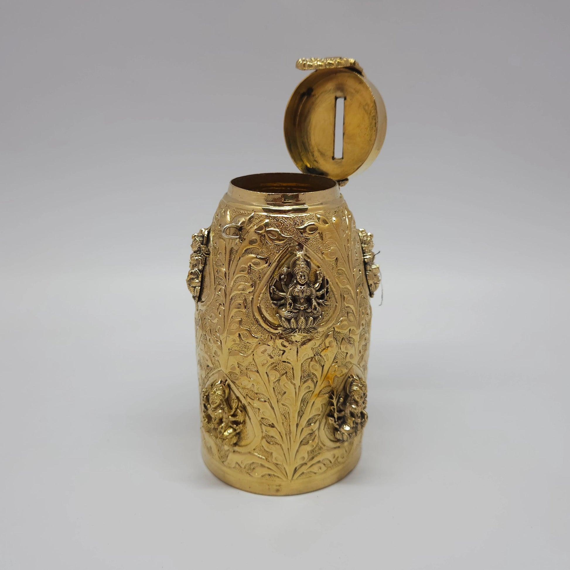 Kumbakonam Brass Hundial Premium Floral Urn Angled Top Lid Open Coin Slot Lakshmi Medallions Floral Vine Engraving