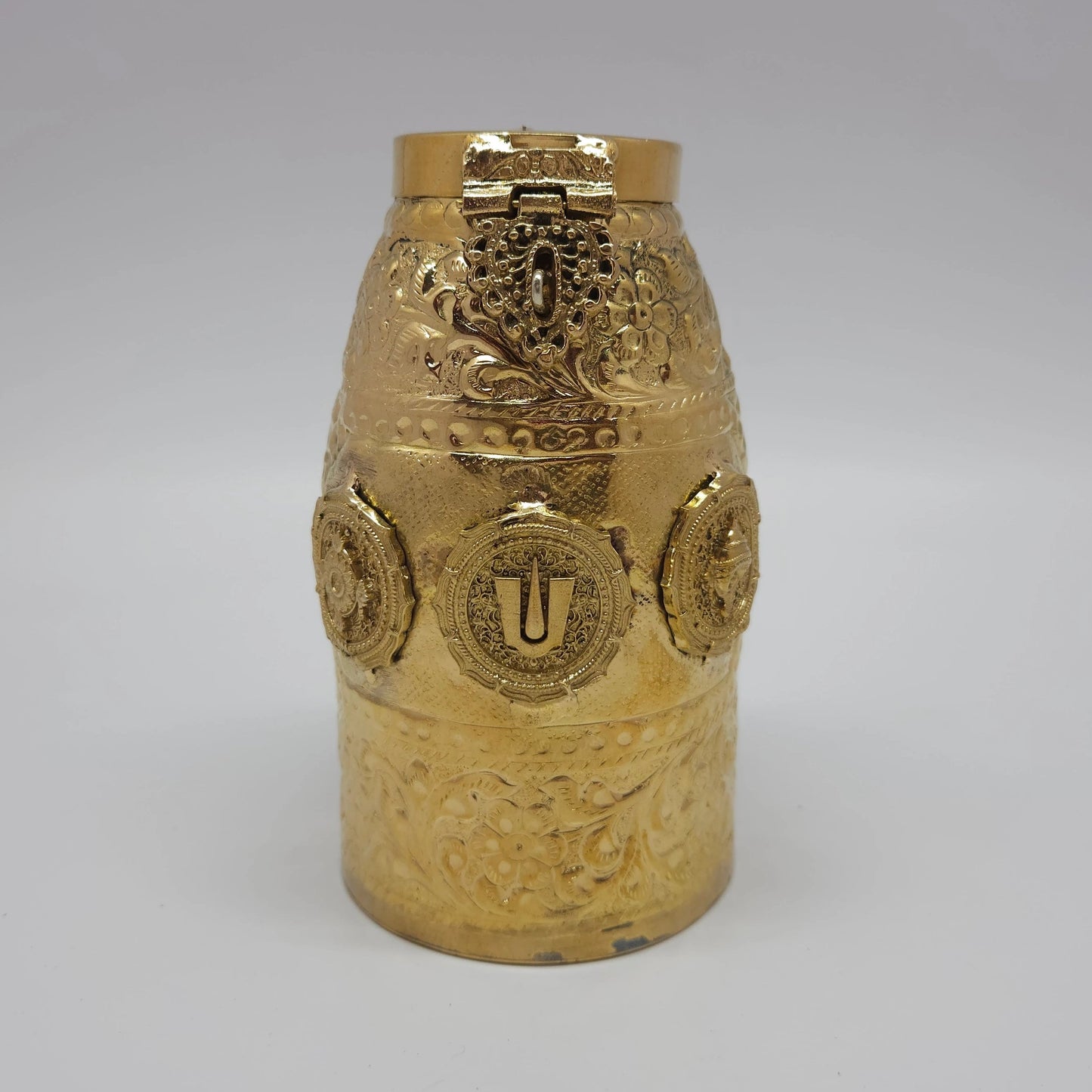 Kumbakonam Uppiliappan Brass Hundial Premium Floral Urn Top Down Lid Open Interior Brass Mahalakshmi Medallion Body Sri Swaminathan