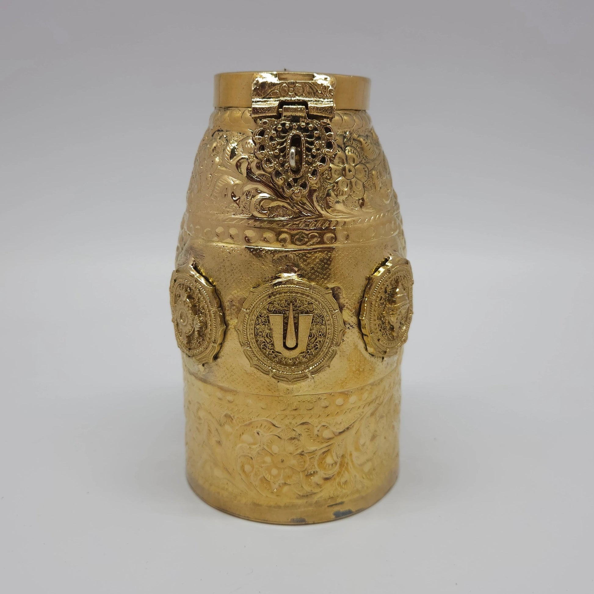 Kumbakonam Uppiliappan Brass Hundial Premium Floral Urn Top Down Lid Open Interior Brass Mahalakshmi Medallion Body Sri Swaminathan