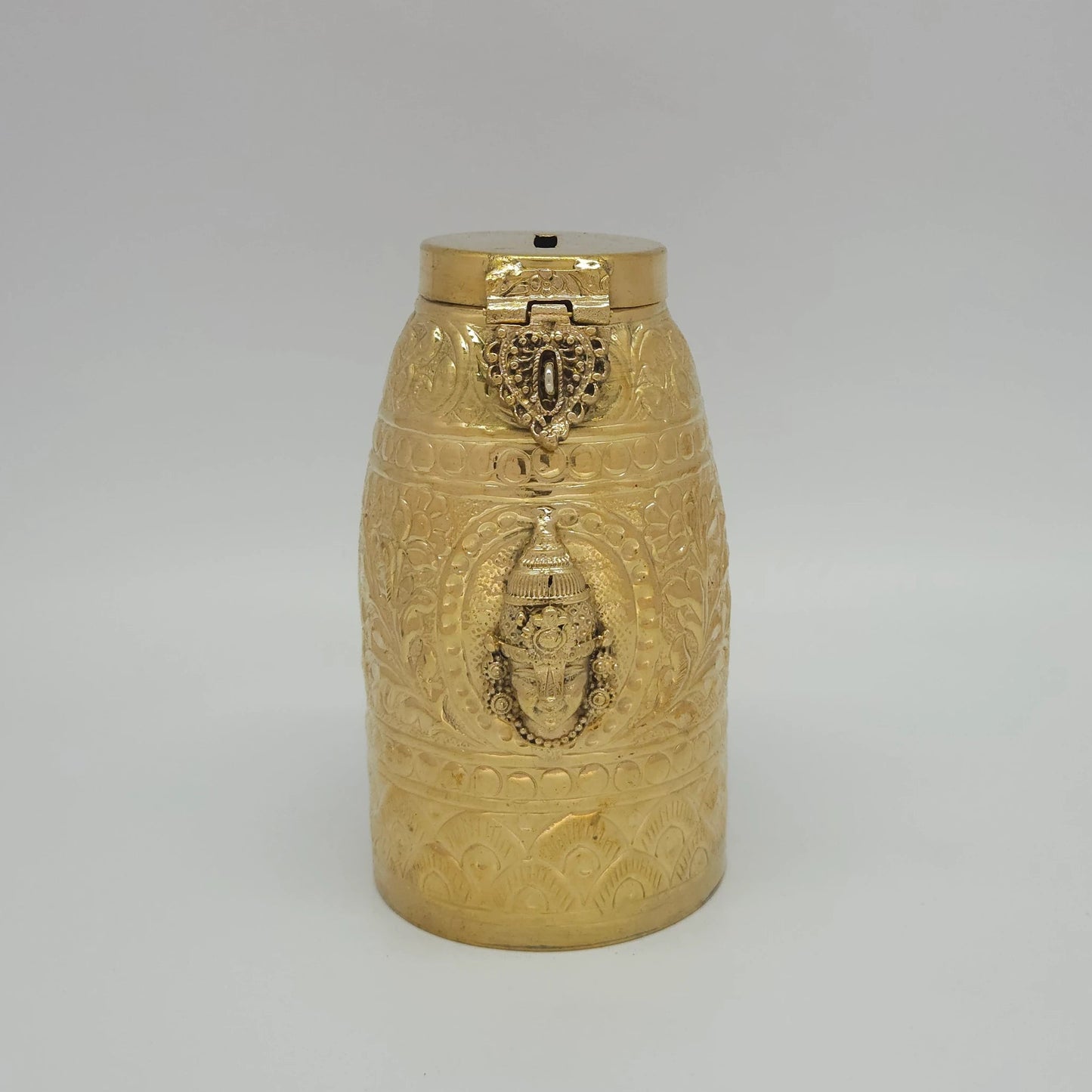 Kumbakonam Brass Hundial Tirumala Tirupati Balaji Lid Open Coin Slot Vishnu Namam Shankha Chakra Dasavatar Medallions Kumbakonam
