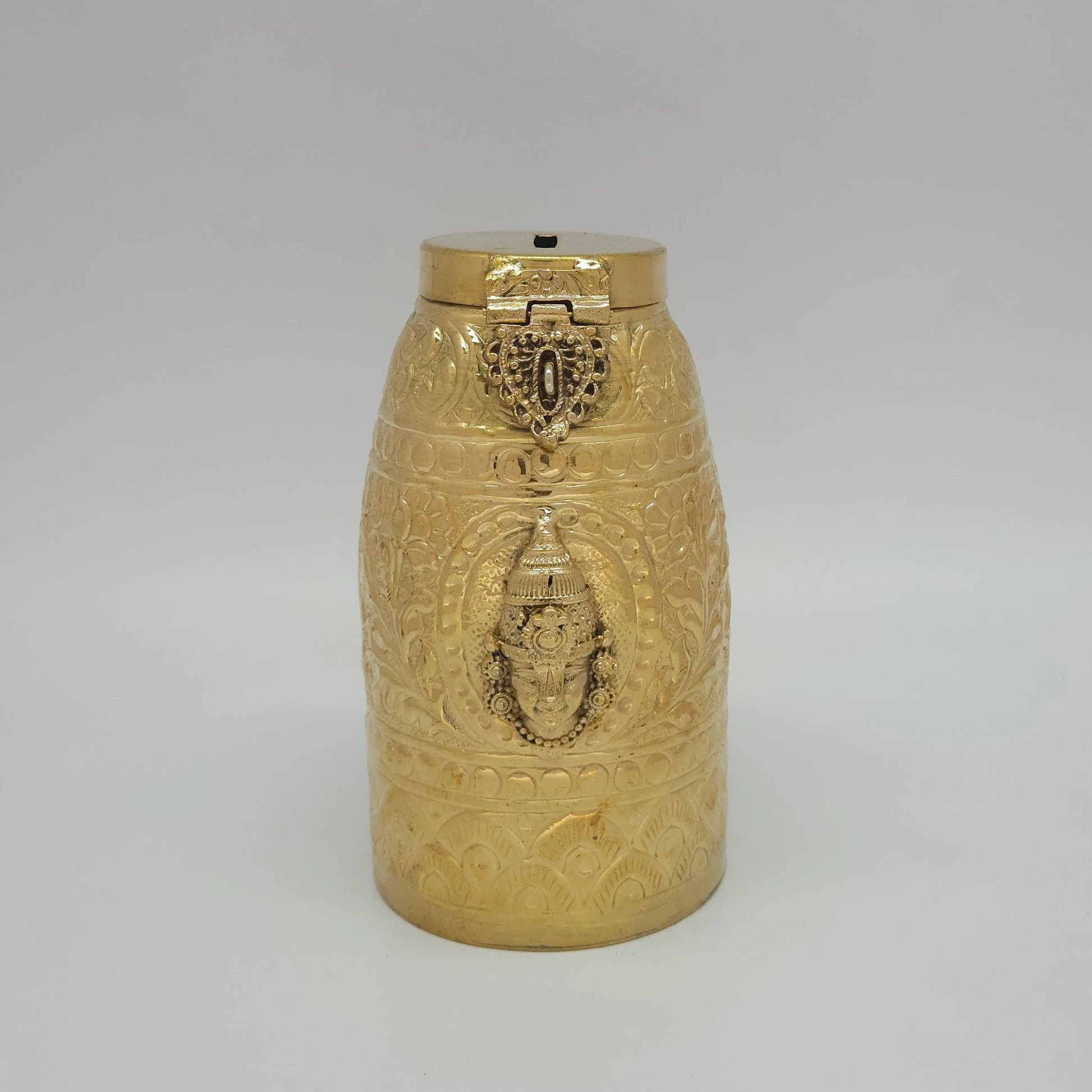 Kumbakonam Brass Hundial Tirumala Tirupati Balaji Lid Open Coin Slot Vishnu Namam Shankha Chakra Dasavatar Medallions Kumbakonam