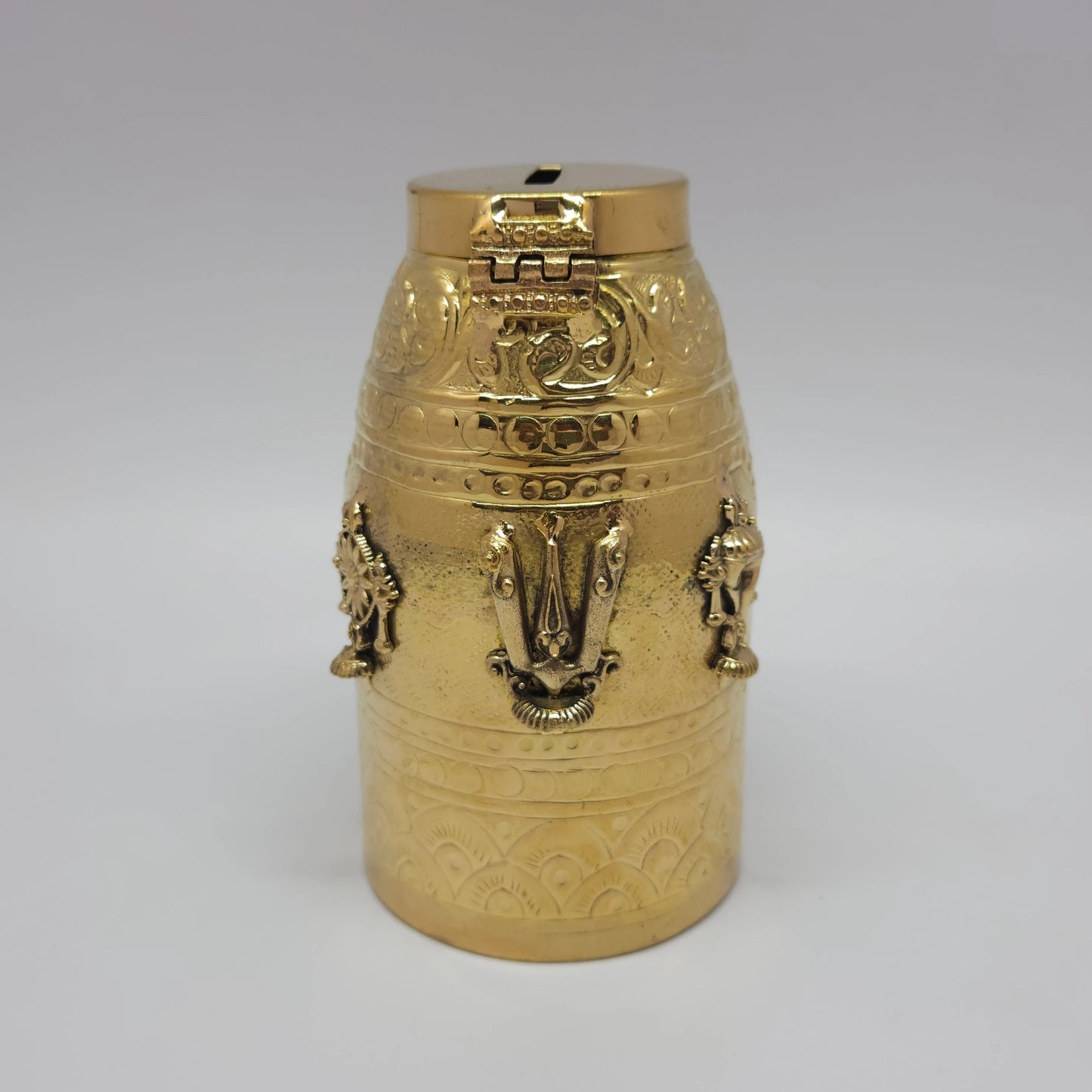Kumbakonam Brass Hundial Tirupati Balaji Angled Side Lid Open Vishnu Namam Dasavatar Medallions Shankha Chakra Sri Swaminathan