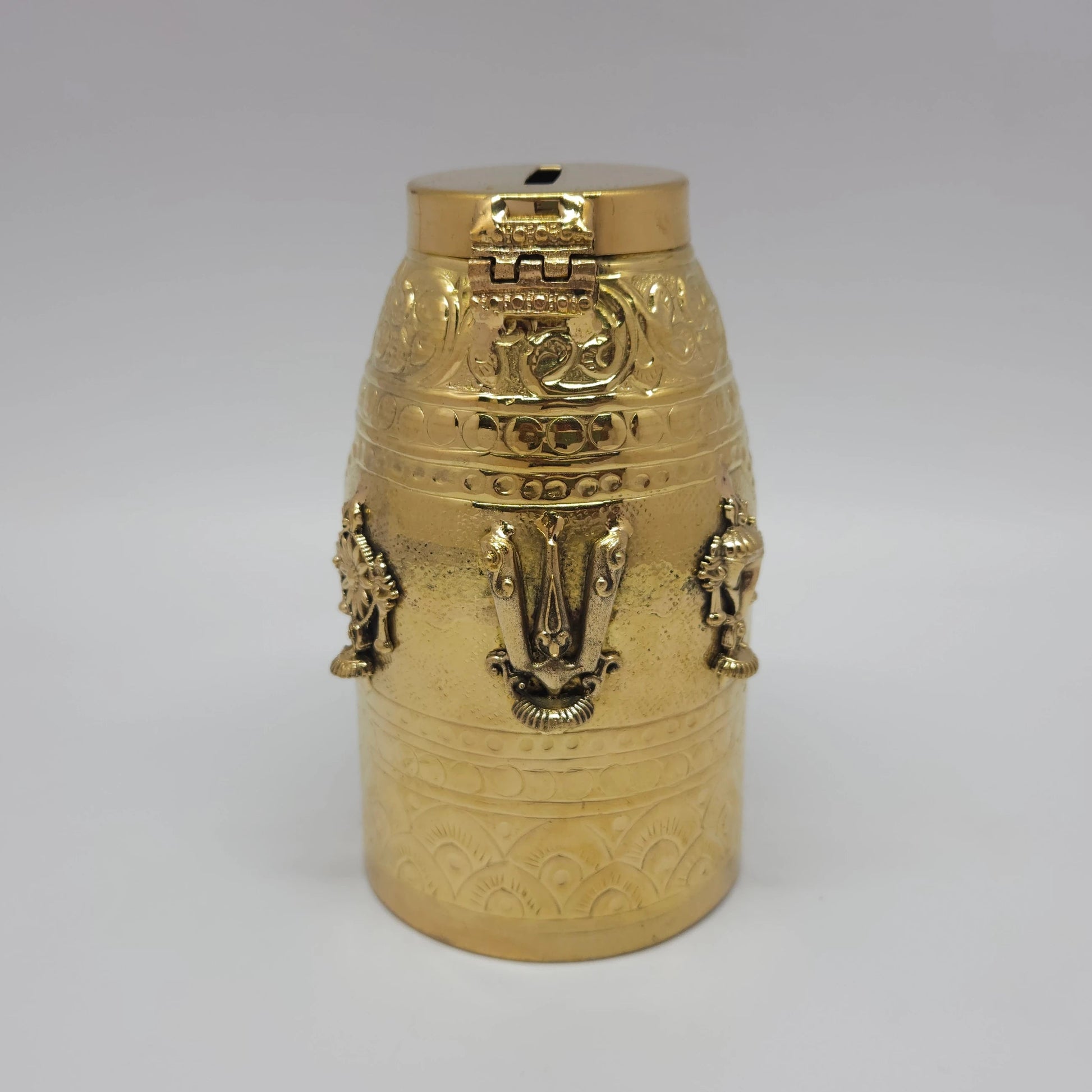 Kumbakonam Brass Hundial Tirupati Balaji Angled Side Lid Open Vishnu Namam Dasavatar Medallions Shankha Chakra Sri Swaminathan