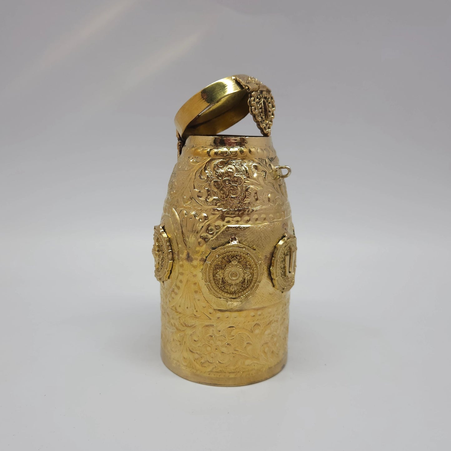 Kumbakonam Brass Undi Premium Floral Urn Macro Mahalakshmi Teardrop Panel Dense Floral Vine Engraving Detail Kumbakonam