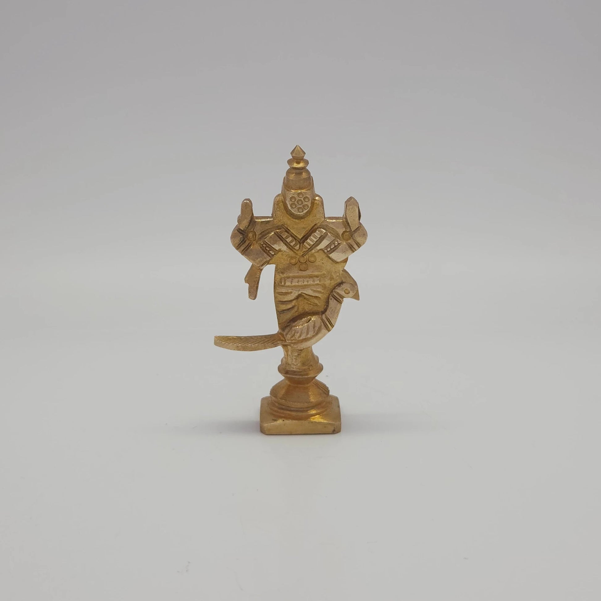 Rear view showcasing the detailed peacock tail feathers, back structure of the crown, and the authentic raw brass texture of the 50g small idol