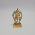 Front view of the 9.5cm handcrafted miniature solid brass Murugan statue with Vel and temple archway by Sri Swaminathan & Co for daily puja rituals.
