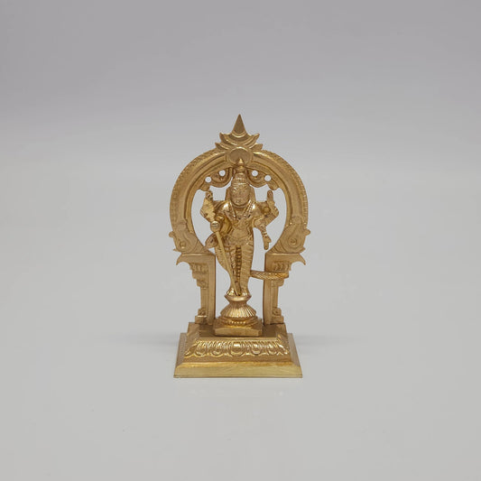 Front view of the 9.5cm handcrafted miniature solid brass Murugan statue with Vel and temple archway by Sri Swaminathan & Co for daily puja rituals.