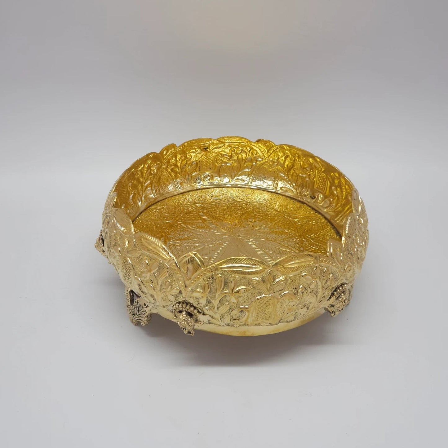 Kumbakonam Pittala Uruli Elephant Peacock Angled Top Interior Star Leaf Mandala Engraved Base Scalloped Floral Rim Peacock Feet
