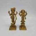 Flat straight front view of the 17cm high antique solid brass Lakshmi Narayana statue pair showing the matching tiered lotus pedestals