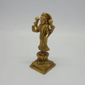 Solo left 45-degree angle view of the 16cm antique solid brass Goddess Lakshmi statue showcasing the blooming lotus stalk and fine traditional jewelry engravings.