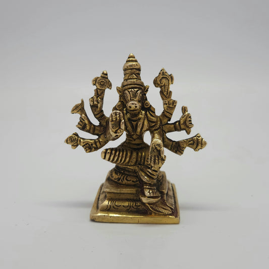 Flat straight front view of the 8cm small antique solid brass Varahi Amman statue on a square pedestal base for Tamil and Telugu puja rituals