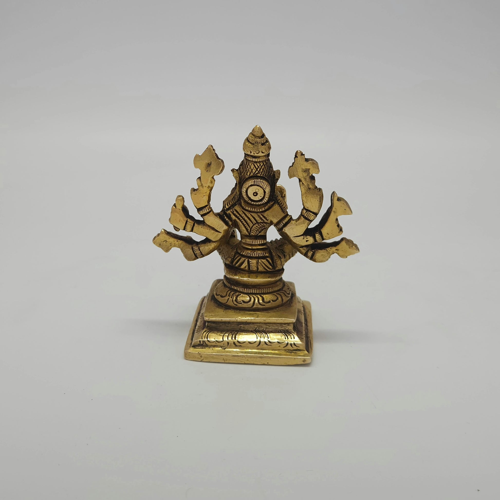  Rear view showcasing the solid back structure of the crown, the multi-arm weapon layouts, and the beautiful raw hand-polished antique texture of the 300g idol.
