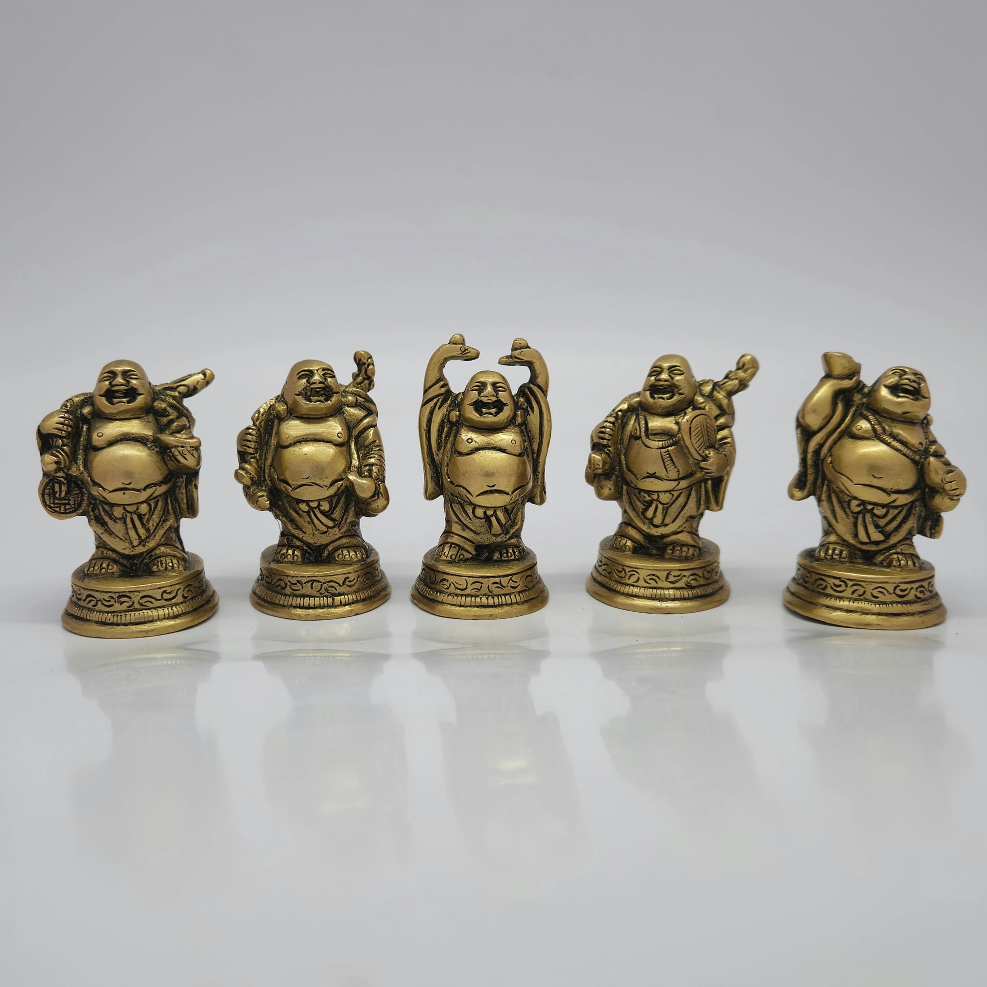 Flat straight front view of the 7cm premium antique solid brass 5-piece Laughing Buddha set for home and office decor.