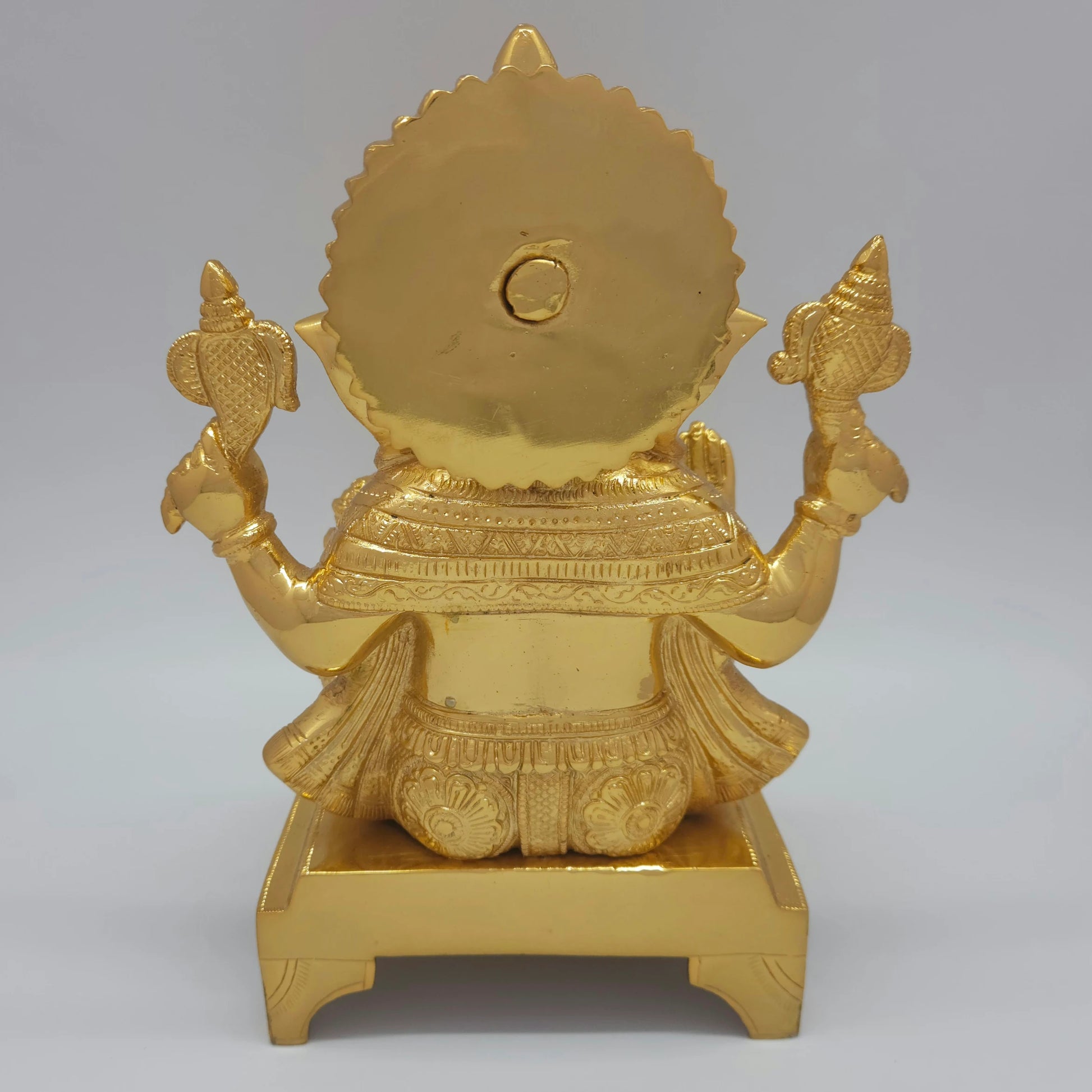 Rear view showcasing the solid back structure of the crown halo, the reverse bench platform, and the flawless mirror-gold luster of the 6kg showpiece.