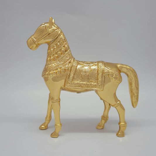 Flat left profile view of the 21.5cm premium high-gloss gold brass imperial horse sculpture showcasing full body saddlecloth detailing