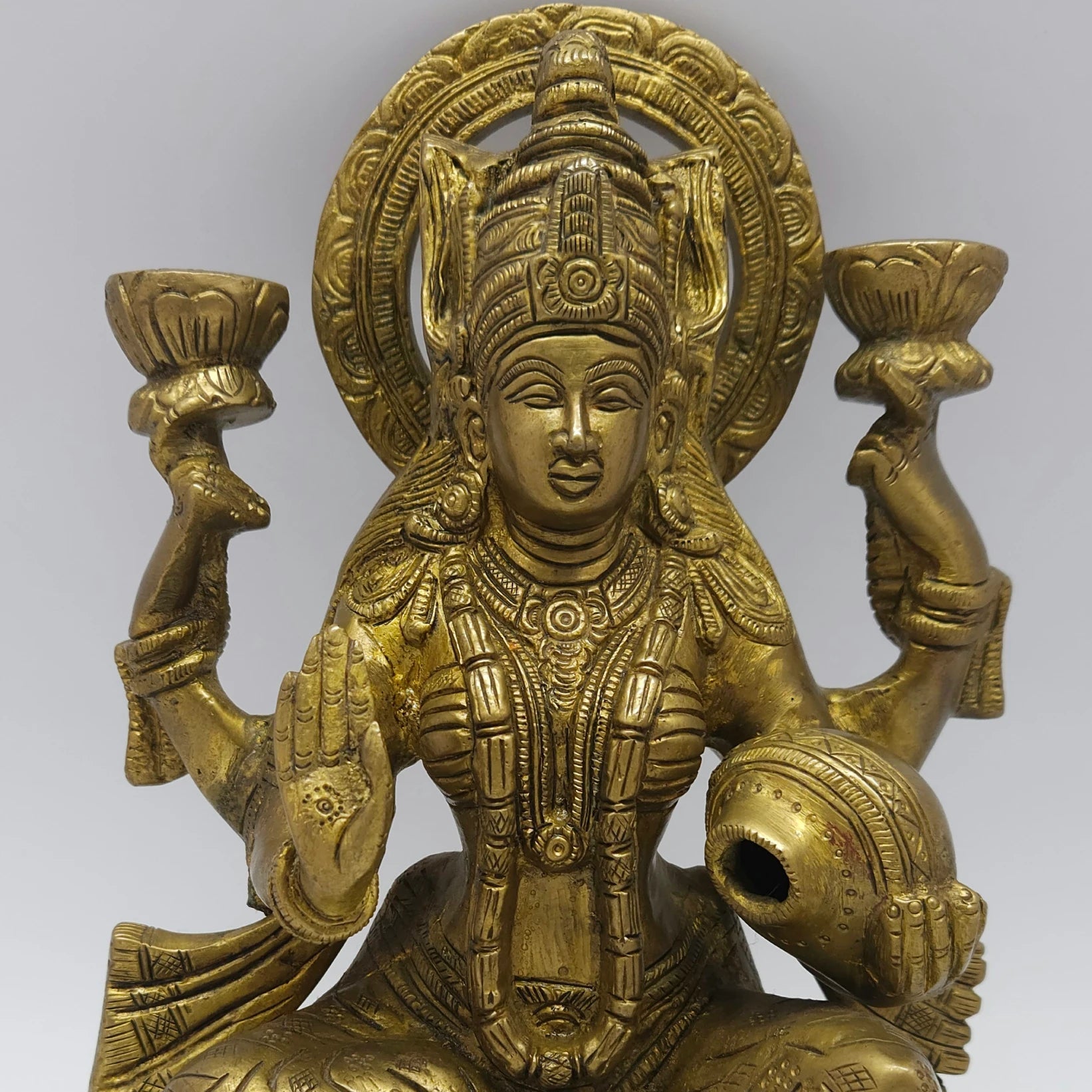 Lakshmi Brass Idol with detailed view of kalasam and lotus