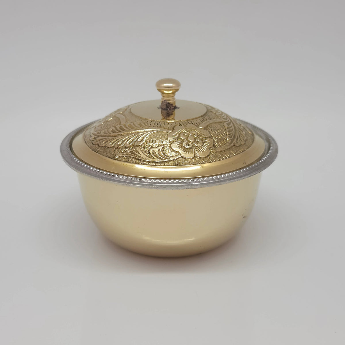 Front perspective view of the 250ml big variant pure brass traditional serving bowl showcasing the beaded rim detail and polished gold exterior