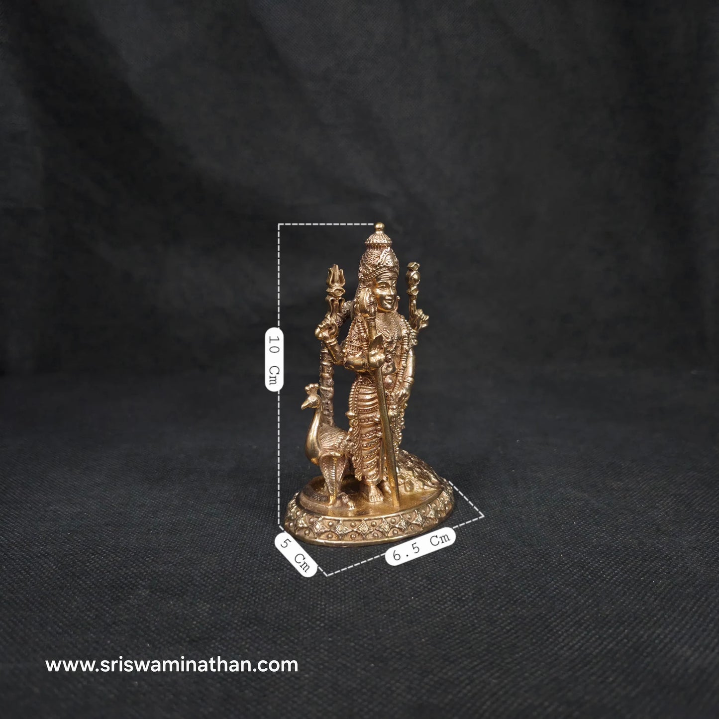 Side view of 4 inch Murugan Panchaloha Statue with dimensions 10cm x 6.5cm x 5cm — Peacock Vahana detail, Kumbakonam handcrafted