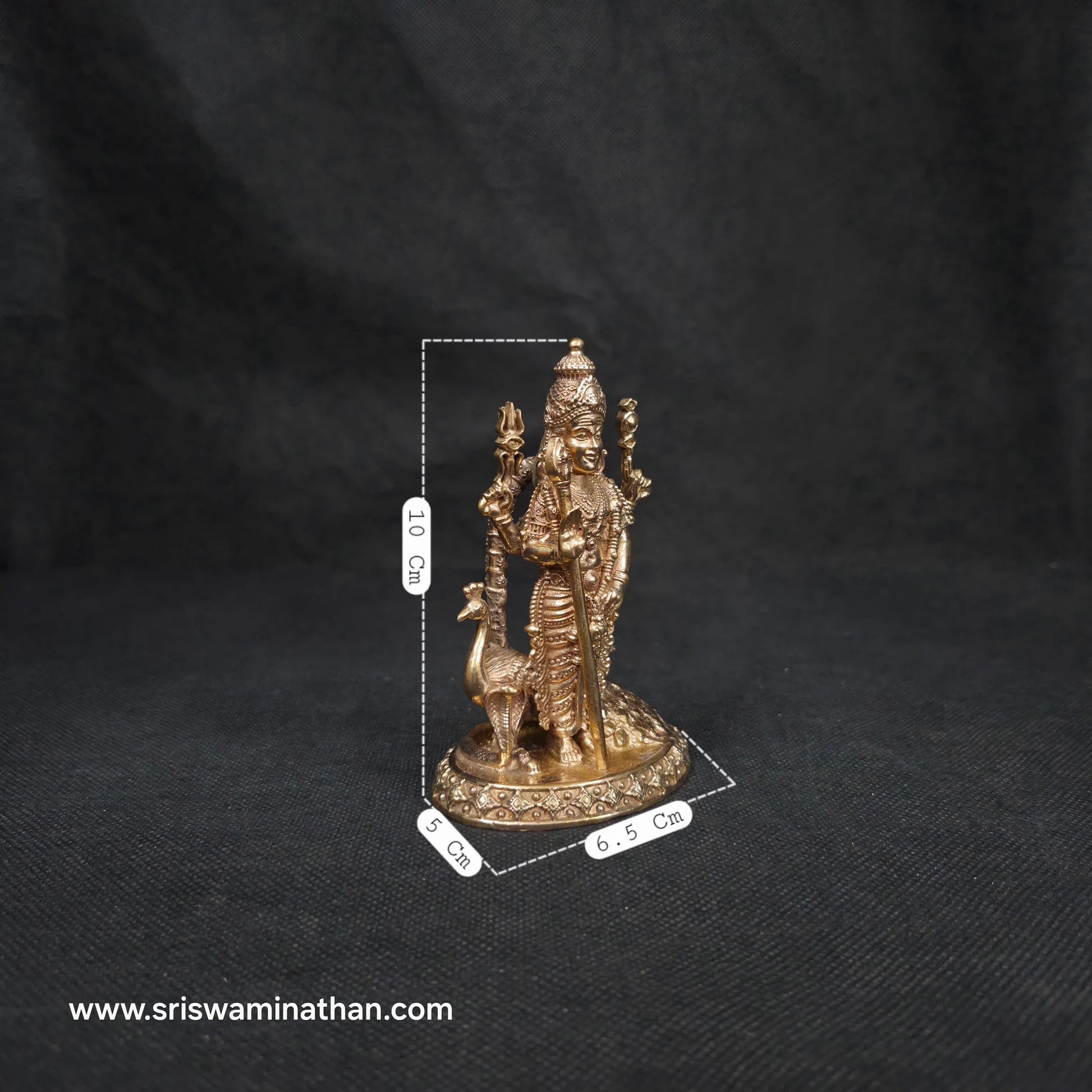 Side view of 4 inch Murugan Panchaloha Statue with dimensions 10cm x 6.5cm x 5cm — Peacock Vahana detail, Kumbakonam handcrafted