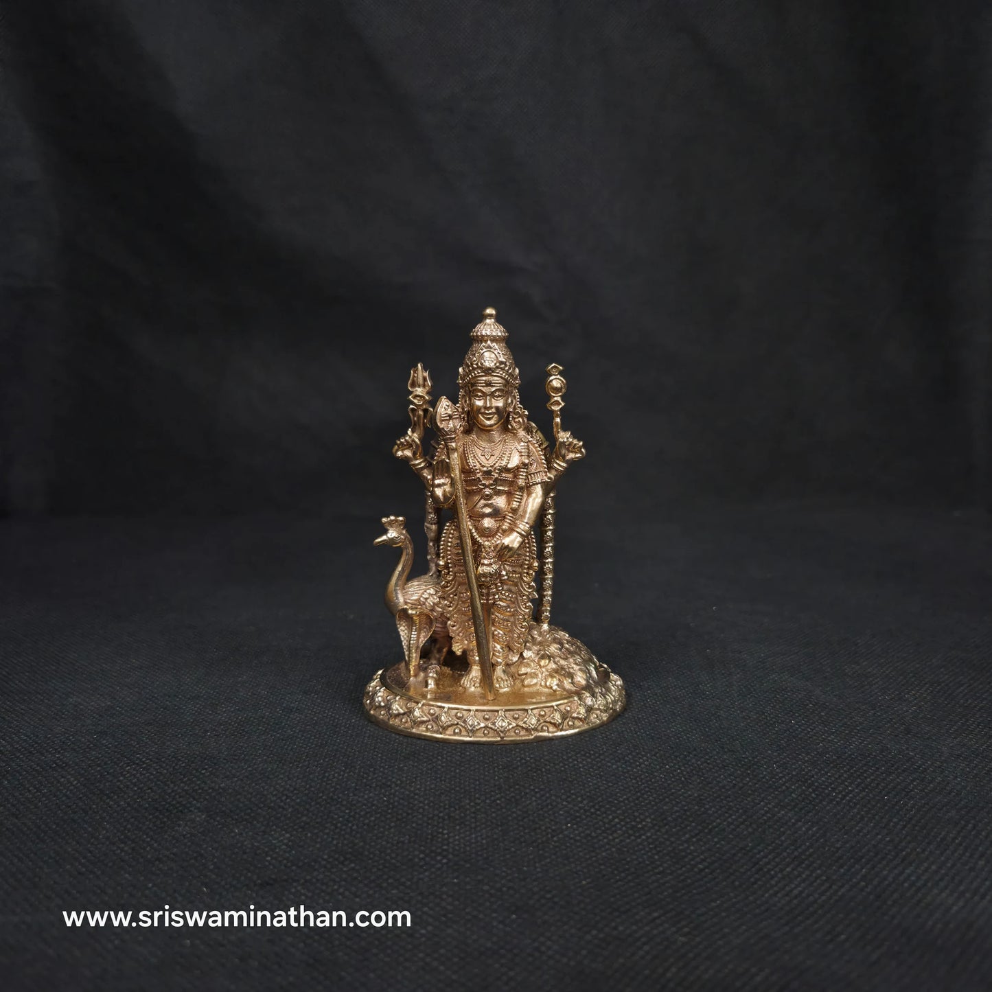Peacock Vahana and ornate lotus peetham base of 4 inch Murugan Panchaloha Statue — Kumbakonam craftsmen, Sri Swaminathan & Co
