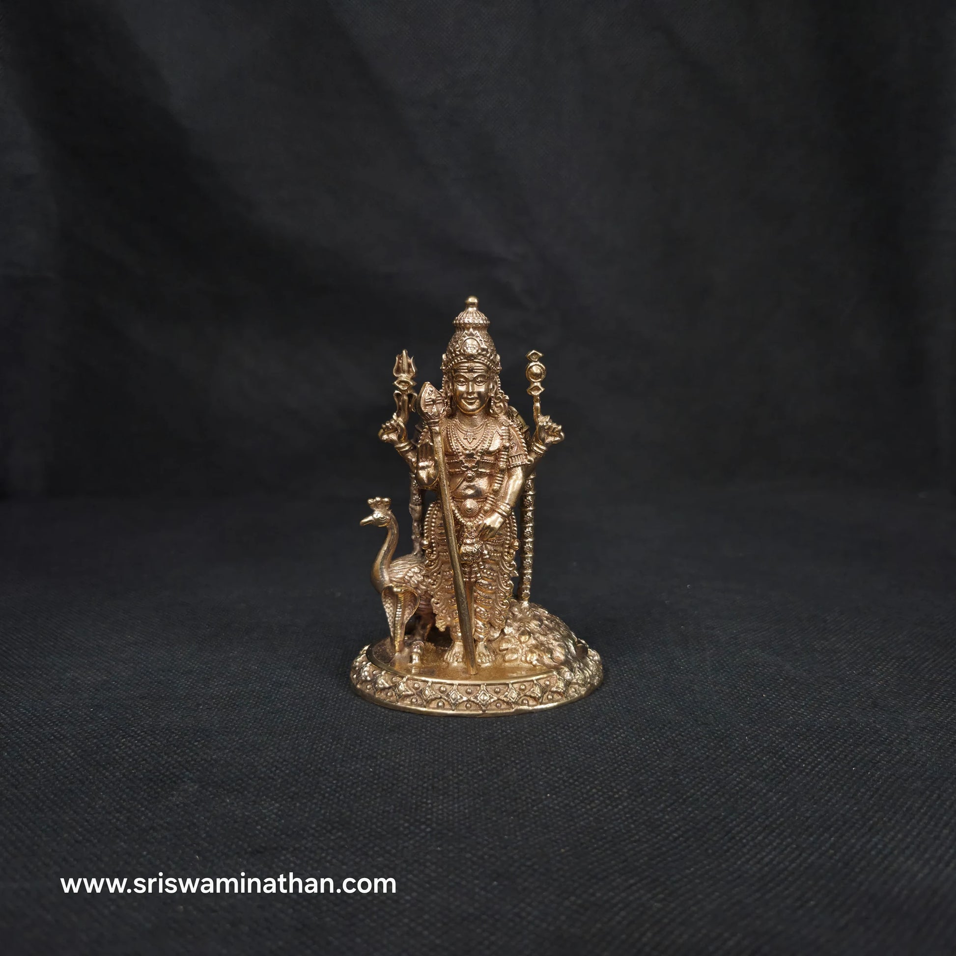 Peacock Vahana and ornate lotus peetham base of 4 inch Murugan Panchaloha Statue — Kumbakonam craftsmen, Sri Swaminathan & Co
