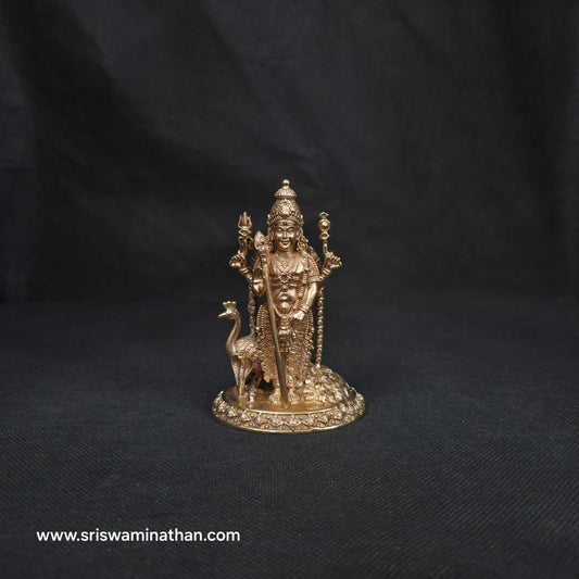 Peacock Vahana and ornate lotus peetham base of 4 inch Murugan Panchaloha Statue — Kumbakonam craftsmen, Sri Swaminathan & Co
