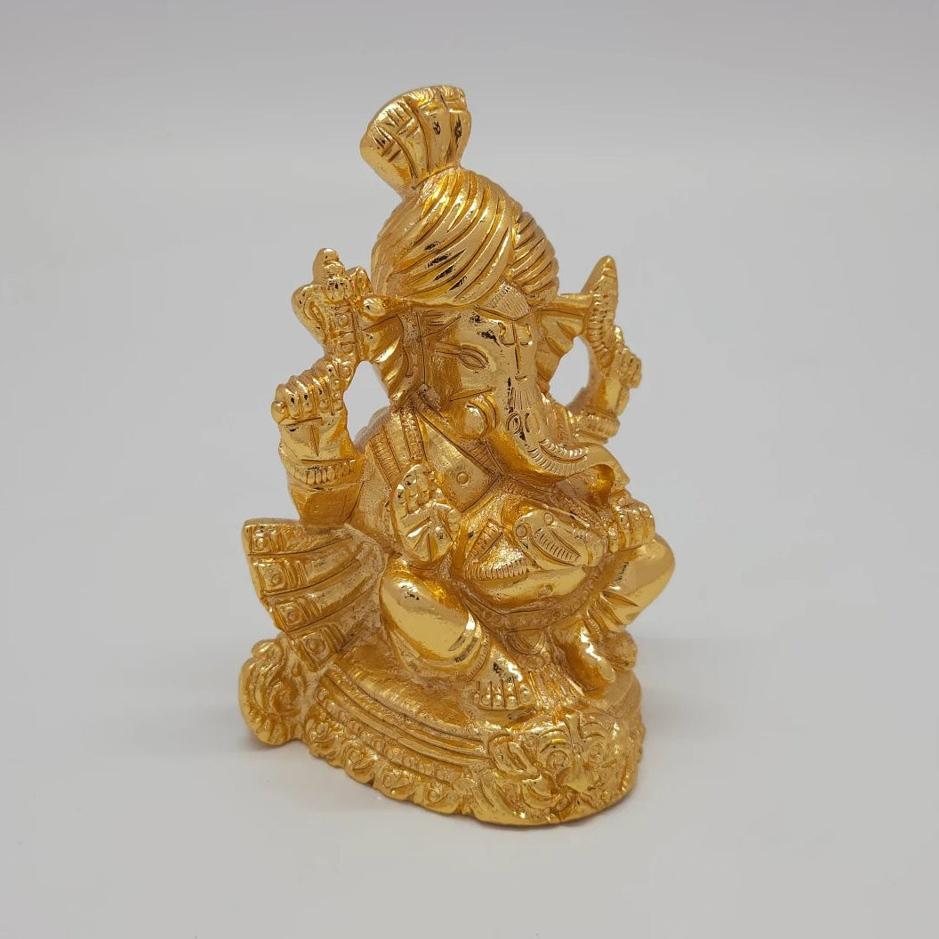 Pagdi Ganpati Golden Ganesha Idol Front View 10.5cm Brilliant Gold Finish