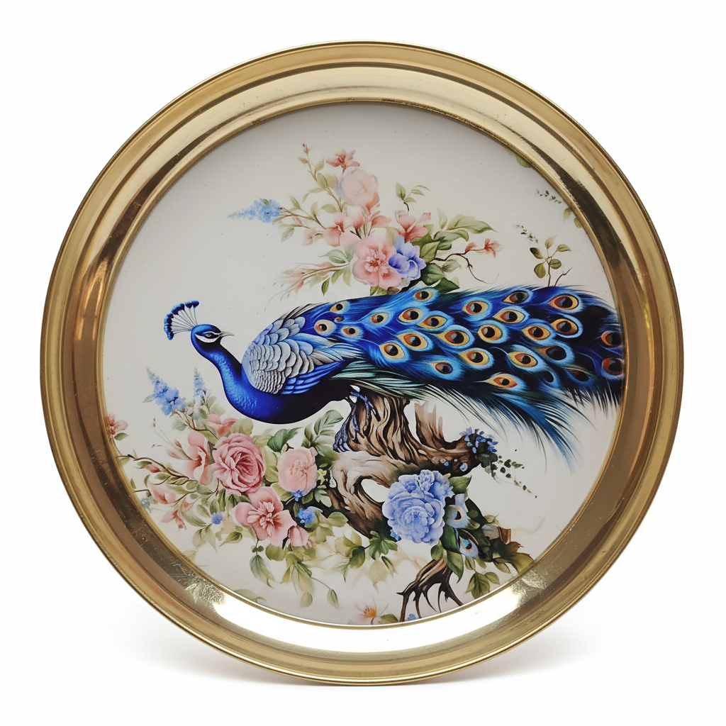 Peacock Floral Brass Thali - White Background