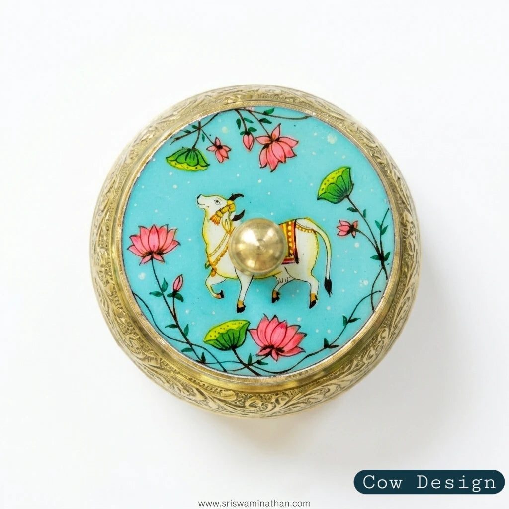 Pichwa Art Brass Kumkum Box Cow Design 1.5 Inch — Sri Swaminathan & Co
