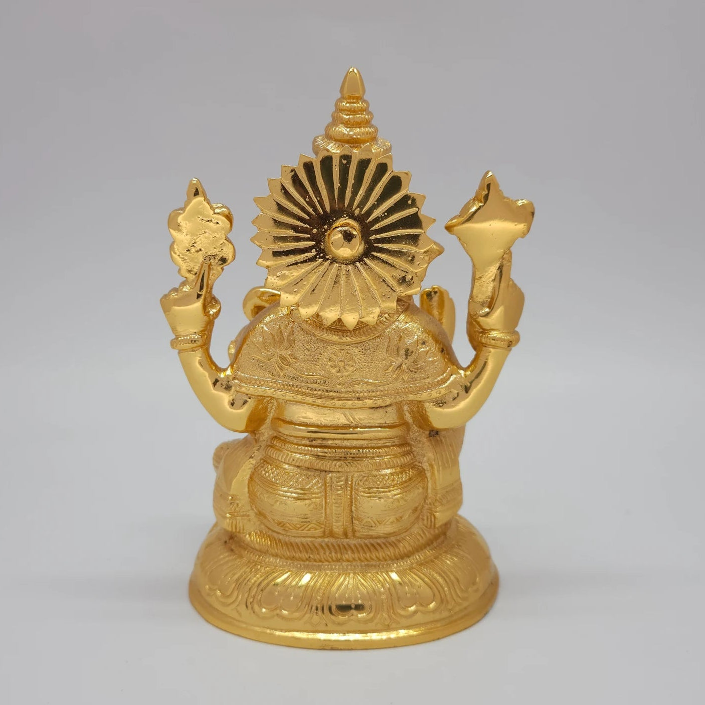 Pillayar Gold Idol Back View Sunburst Halo Lotus Base Craftsmanship South India