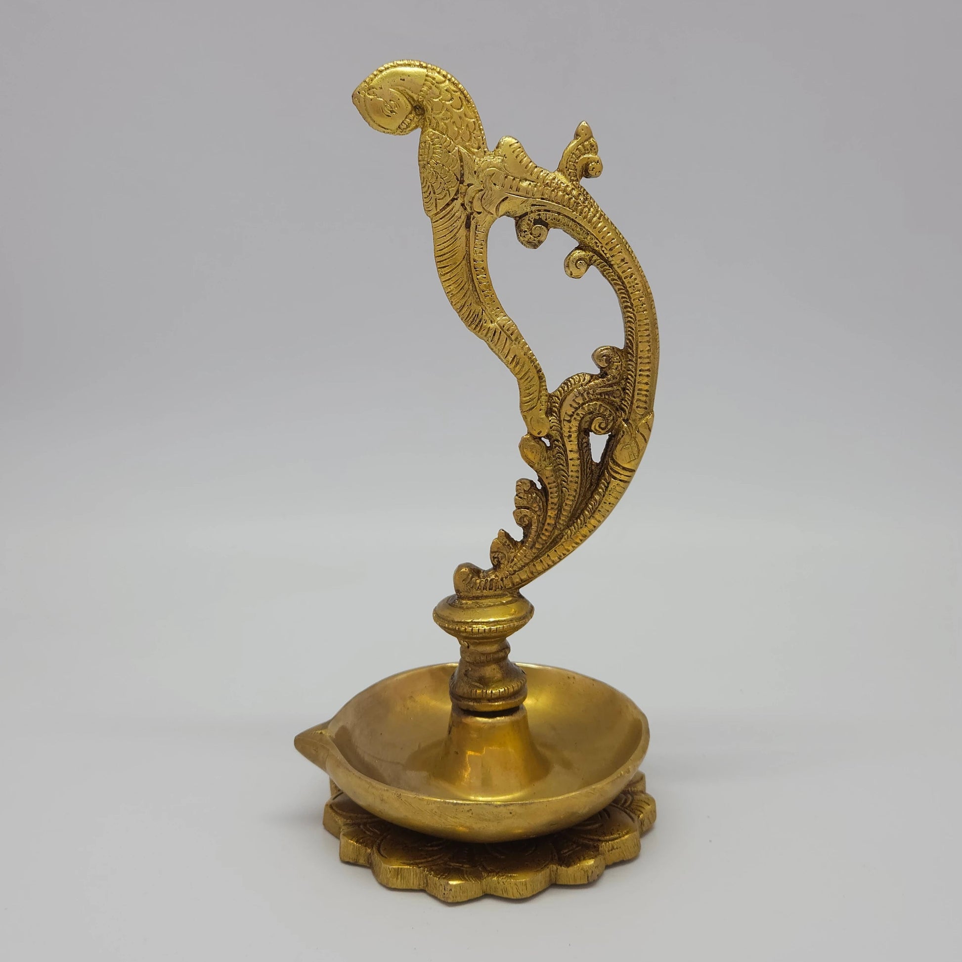 Premium Antique Brass Annapakshi hand lamp 8 inch 21cm height back view showing reverse profile of the curved swan scroll handle