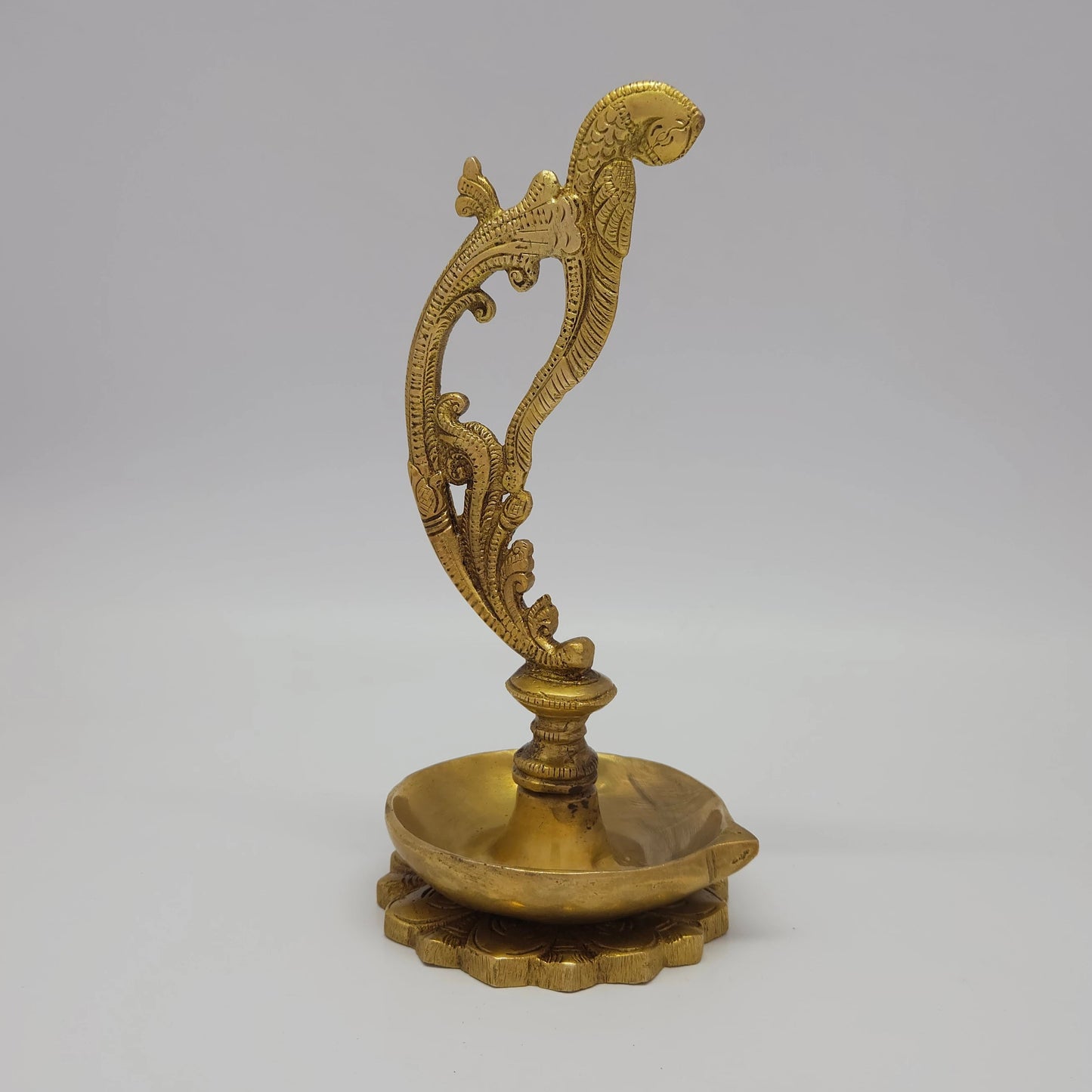 Premium Antique Brass Annapakshi single wick hand lamp 8 inch 21cm height 10cm round base diameter 990gm weight front straight pose view size guide