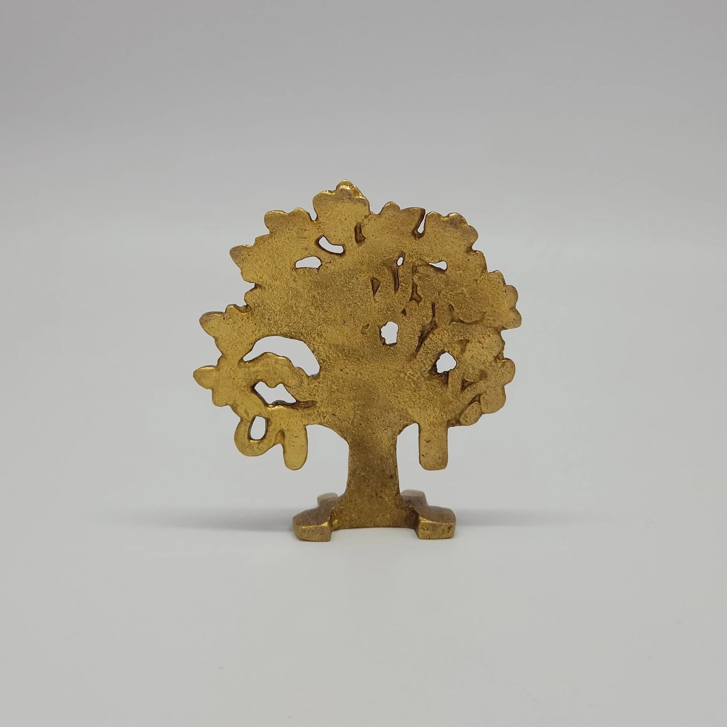 Premium Brass Kalpavriksha wish-fulfilling tree of life statue 4 inch 9.5cm height back pose rear view showing reverse profile of leaf canopy and antique worship approval