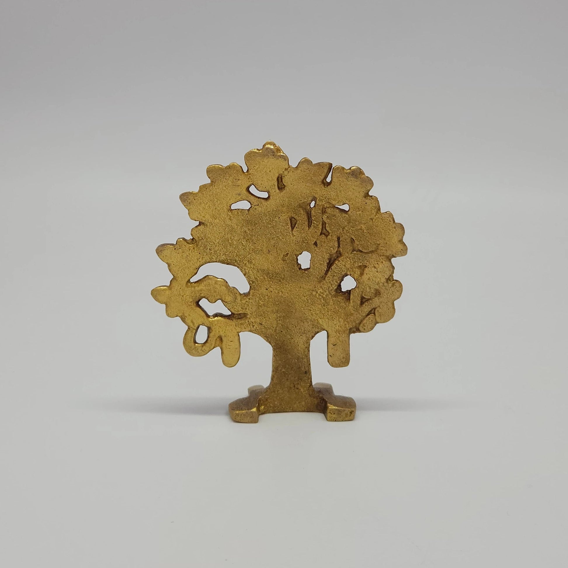 Premium Brass Kalpavriksha wish-fulfilling tree of life statue 4 inch 9.5cm height back pose rear view showing reverse profile of leaf canopy and antique worship approval