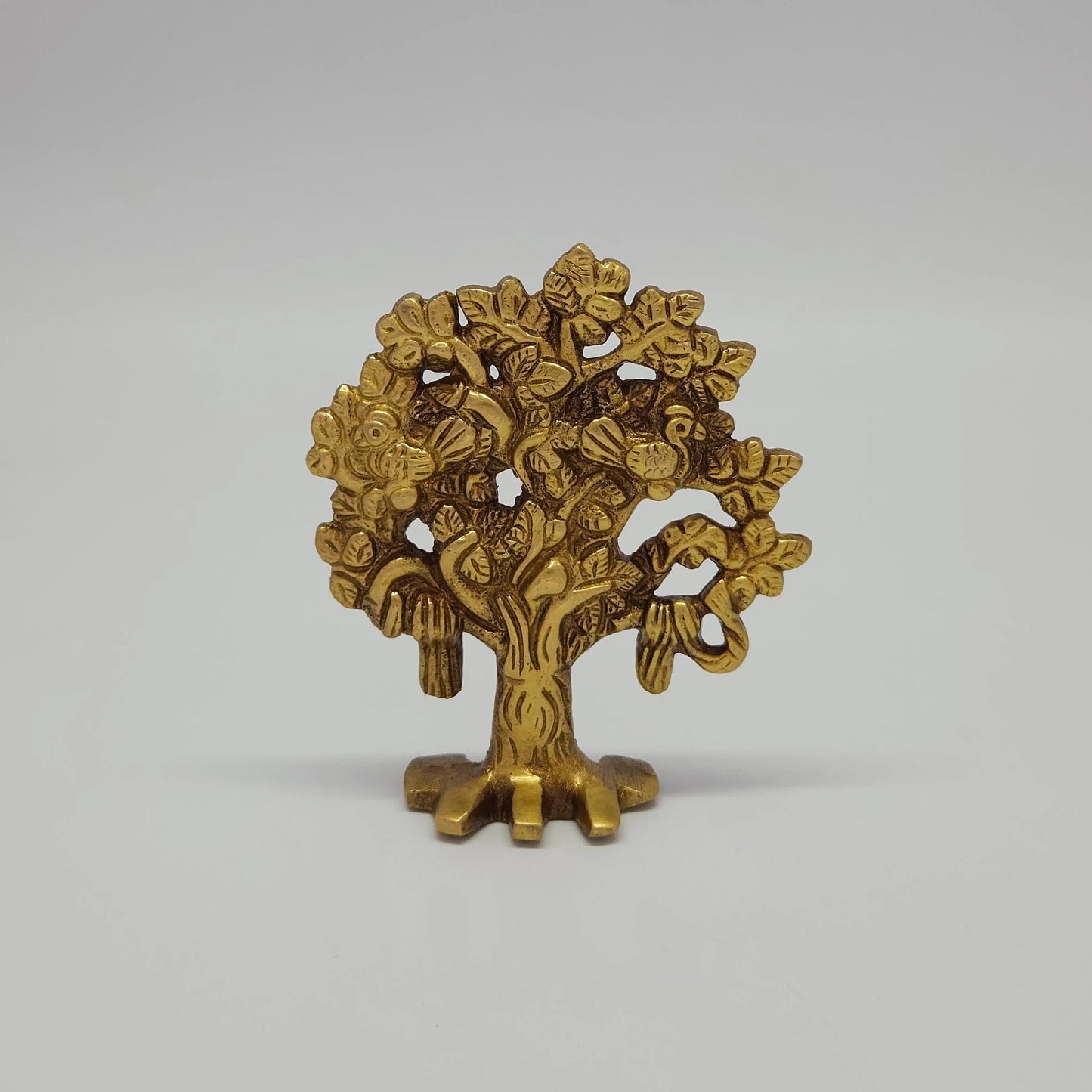 Premium pure brass Kalpavriksha wish fulfilling tree of life statue 4 inch 9.5cm height 180gm weight straight pose front view suitable for pooja rituals size guide