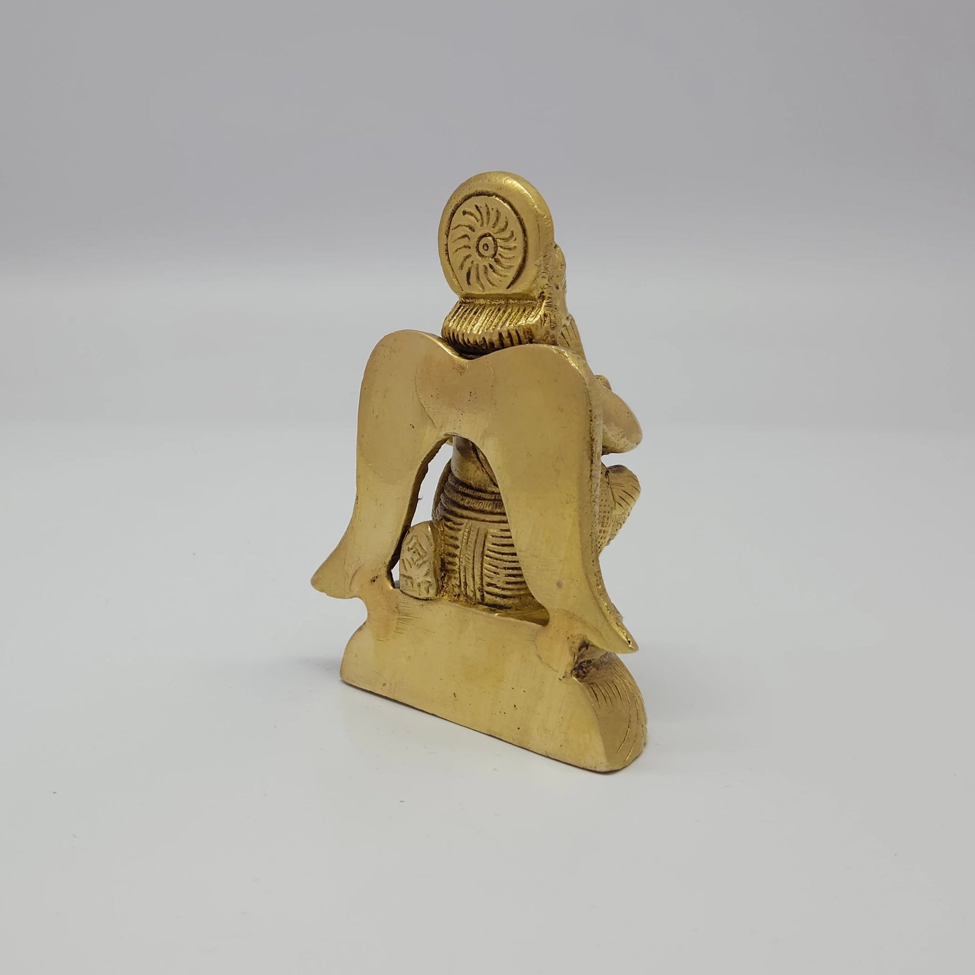 Premium Antique Brass kneeling Lord Garudan statue 3.5-inch 9cm overview showing upper kireetam crown structure and wing spacing layout rear view 