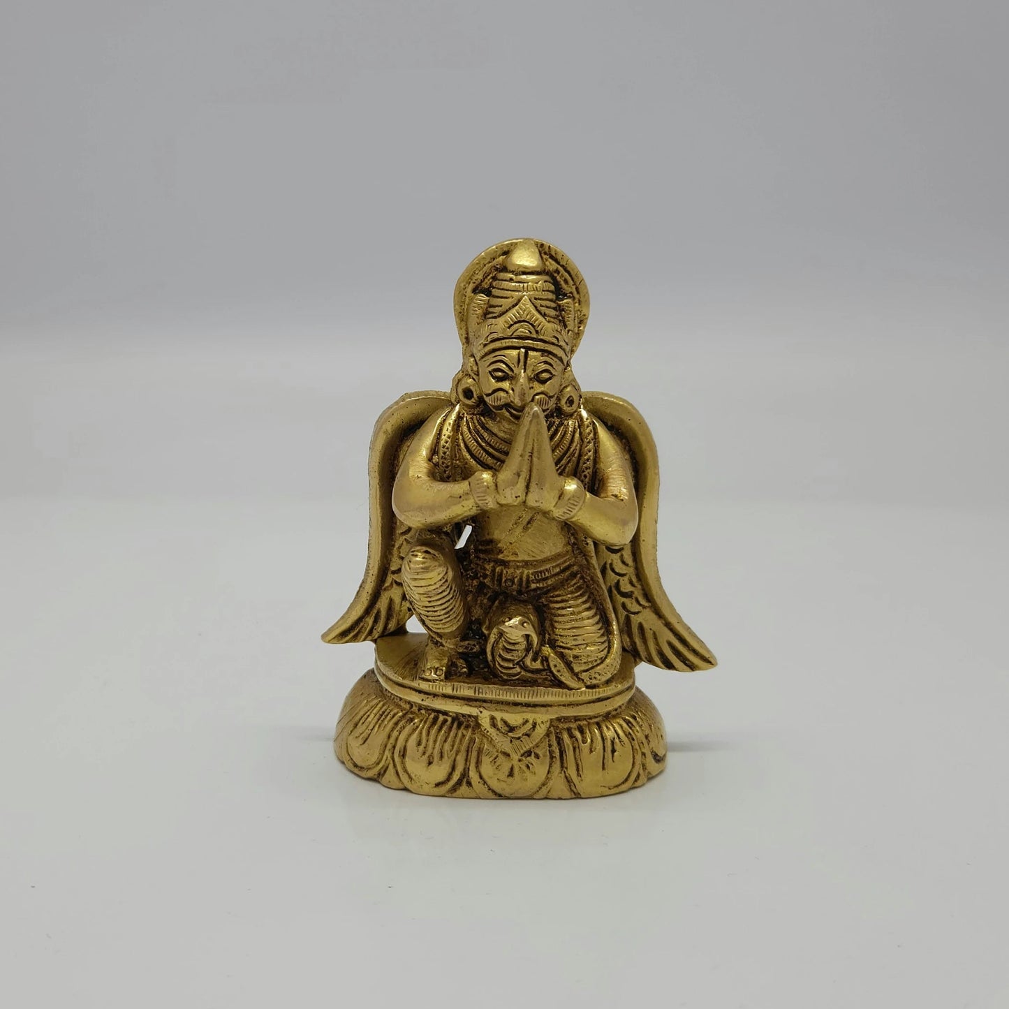 Premium Antique Brass kneeling Naga Garuda statue with sarpa garland 3.5 inch 9cm height 7cm length 3.5cm depth front profile view showing subdued snake base size guide