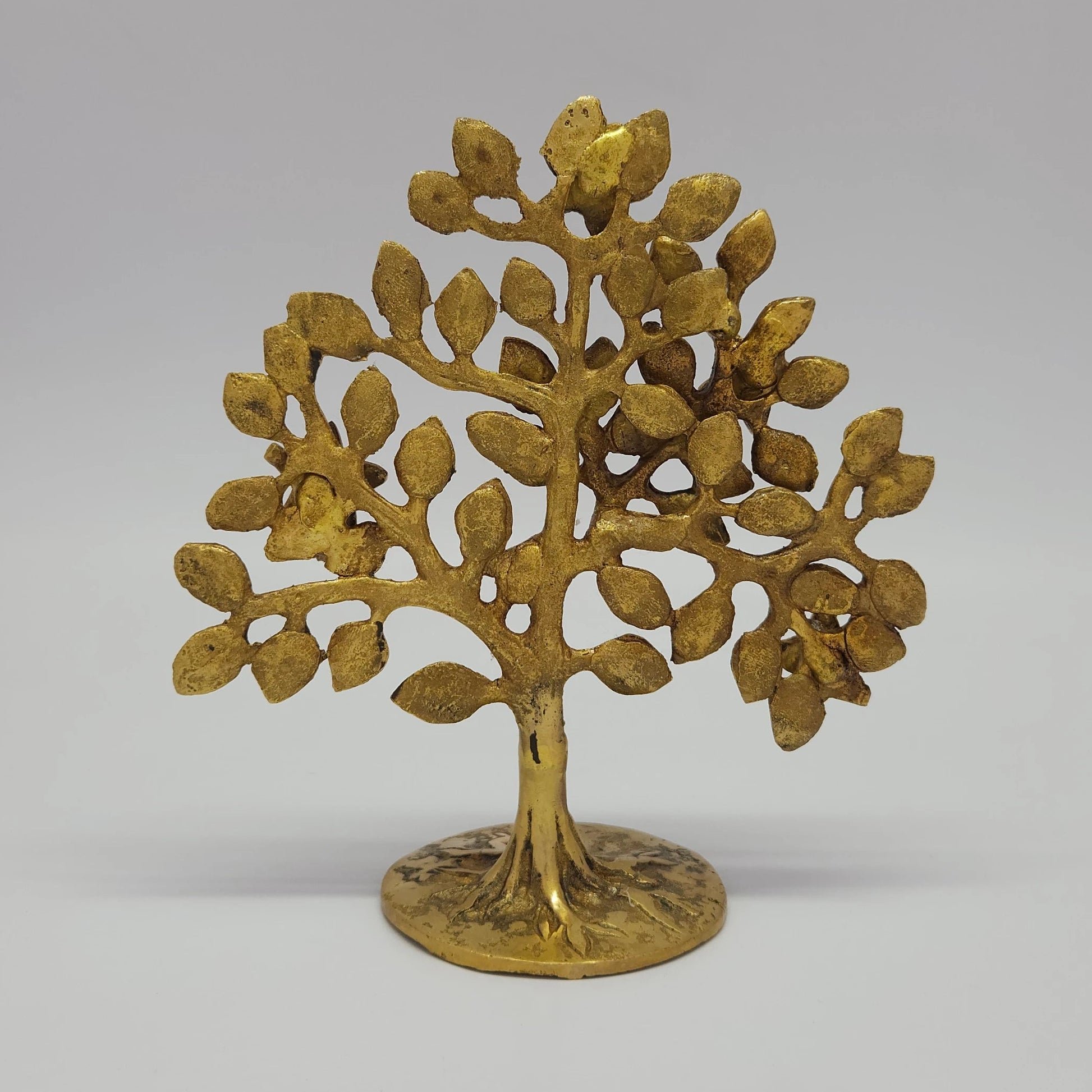 Premium Brass Parijata wish-fulfilling tree statue 6 inch 16cm height back pose rear view showing reverse profile of open branch canopy and antique worship approval