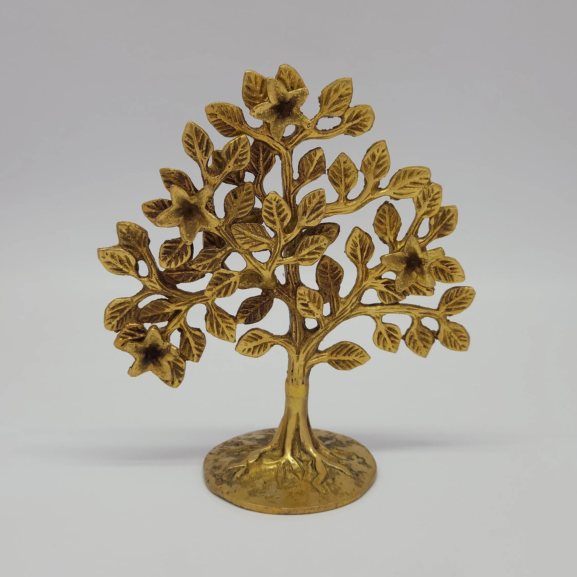 Premium pure brass Parijata wish fulfilling flower tree statue 6 inch 16cm height 480gm weight straight pose front view suitable for pooja rituals size guide