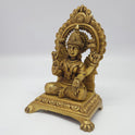 Premium Antique Brass seated Alamelu Mangai Padmavathi Devi statue 18.5cm 45 degree front right corner view focusing on abhaya mudra hand