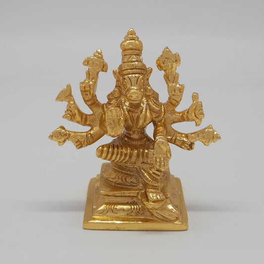 Front view of the 8cm premium gold powder-coated brass Ashta-Bhuja Varahi Amman showpiece on a square pedestal for home decor.