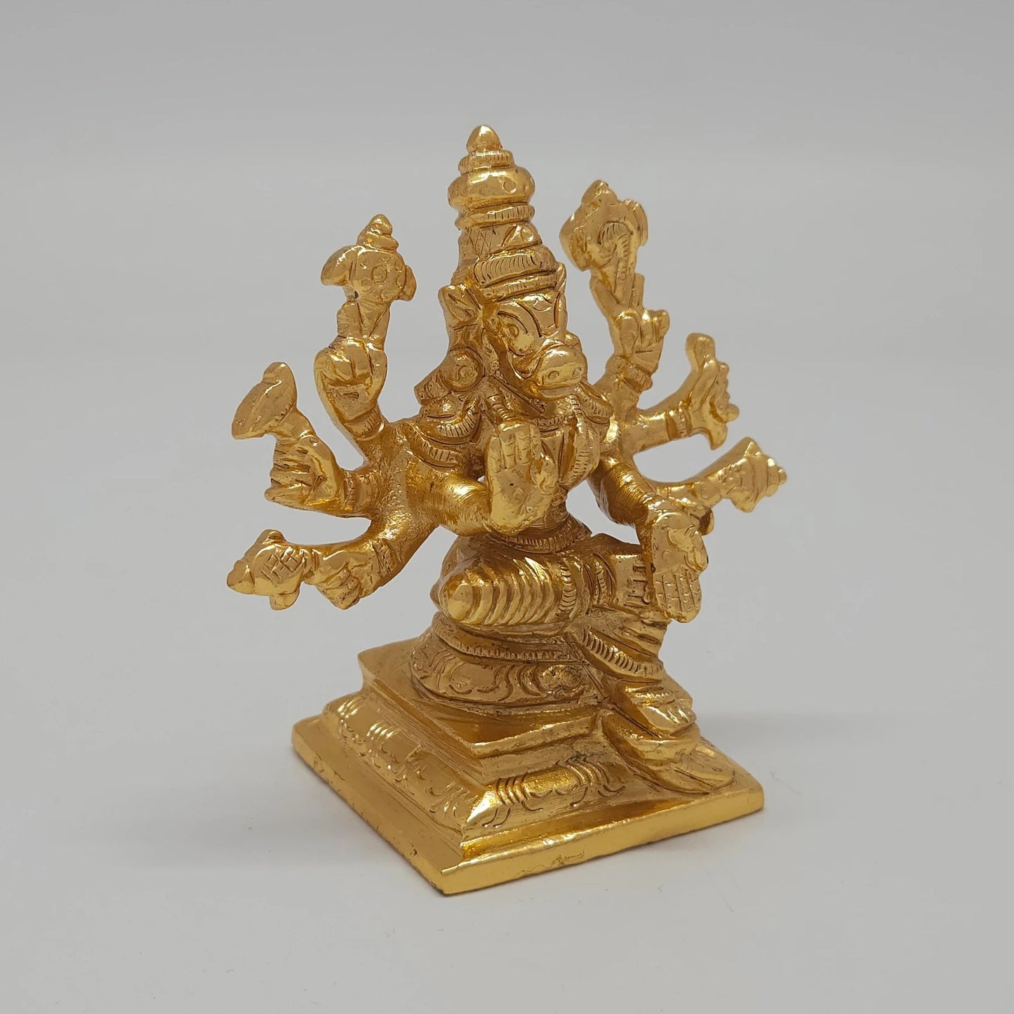 Right 45-degree perspective highlighting the plow detail, the raised Abhaya blessing hand, and the polished metal side boundaries.