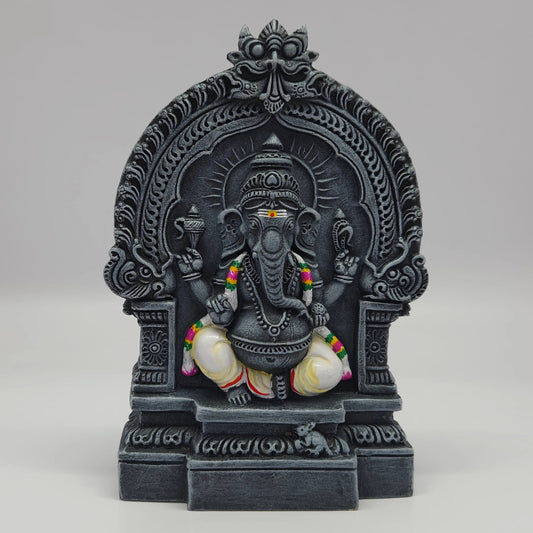Premium Black stone finish Vinayagar statue Malaikottai Ucchi Pillayar style integrated temple arch 19.5cm height front profile view vinayagar chaturthi size guide
