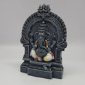 Premium Black stone finish Vinayagar statue 8 inch 19.5cm 45 degree front right corner view focusing on ankusha goad and mooshika mouse at base